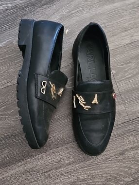 Karl Lagerfeld Black Leather Men’s Loafers with Gold Accents